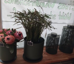 Verschiedene Schnittblumen und Laternen